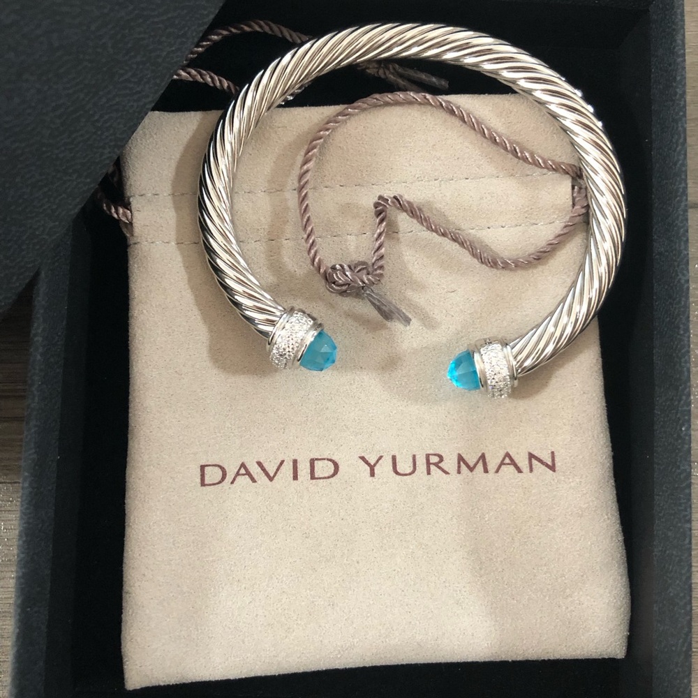 David Yurman Sterling Cable Cuff with Blue Gemstone Terminals - Picture 4 of 4